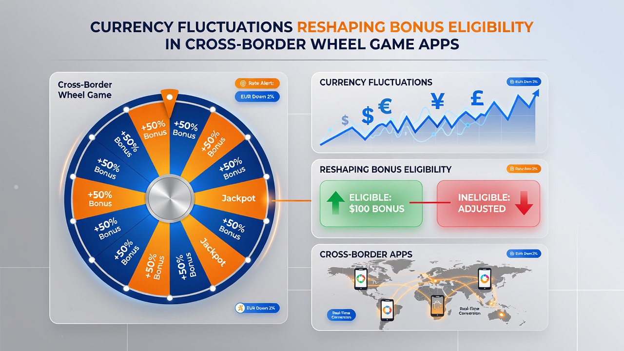 Illustration of cross-border payment flows and how fluctuating exchange rates alter bonus qualification criteria for wheel game users in multiple countries